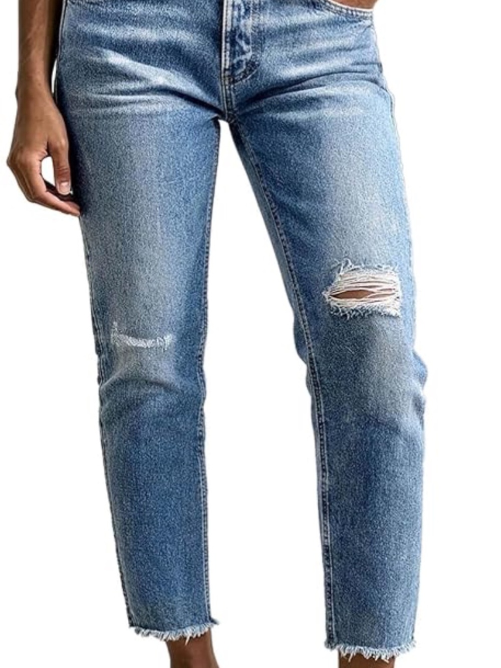 Flamingals Raw Hem Ripped Mid Waist Straight Leg Crop Jeans Mid Blue Medium NWT